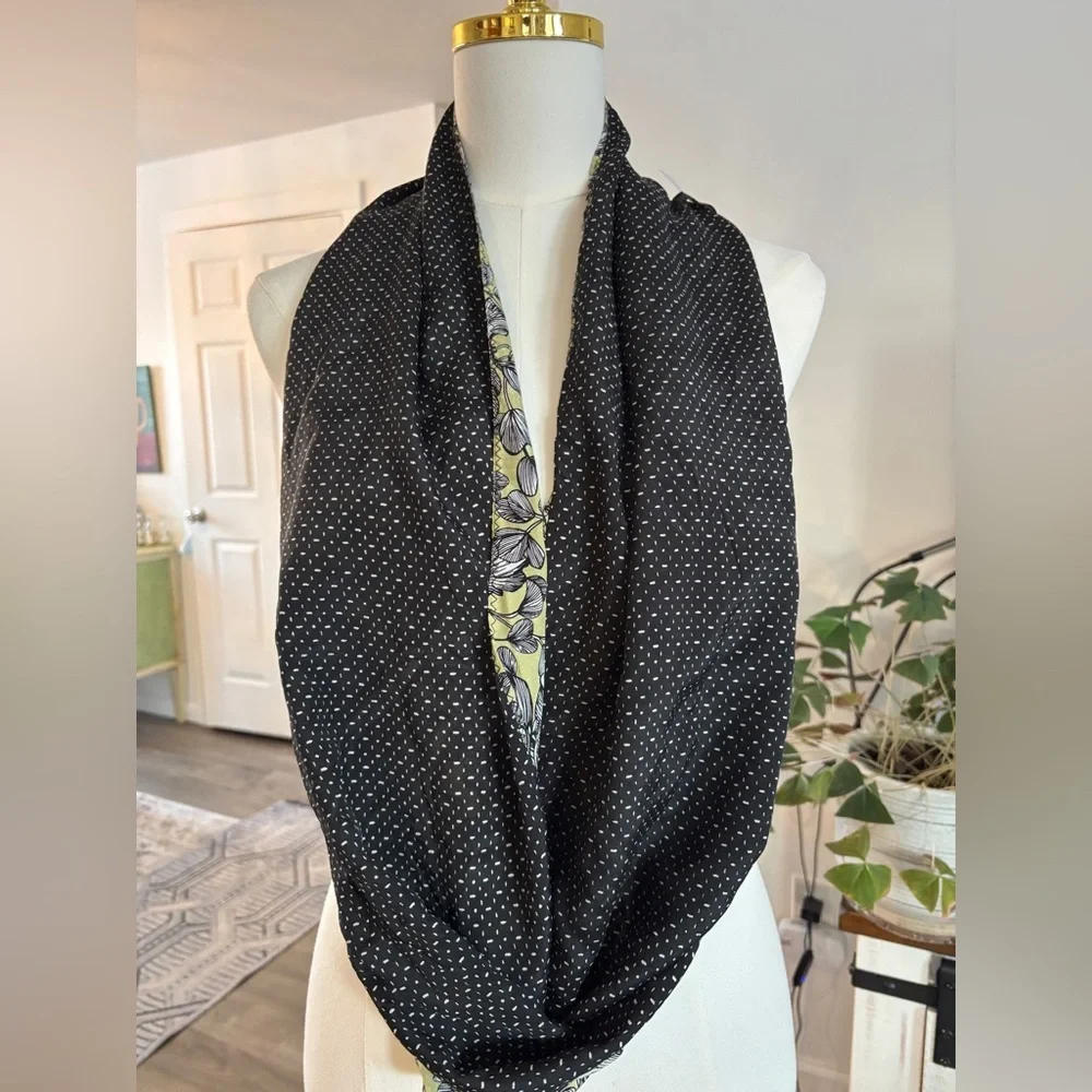 100% Silk J. Jill Infinity Scarf Reversible Olive Green & Black Floral SKU 4